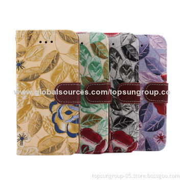 PU Leather Cases for iPhone 6, Floral Pattern with Card Slots and Hanging Rope